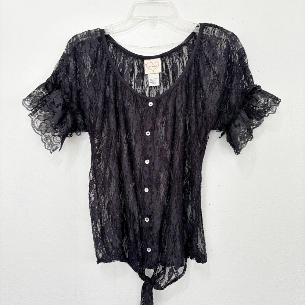 Womens Black Lace Y2K Whimsigoth Top Large Sheer Night Out Goth Grunge Emo